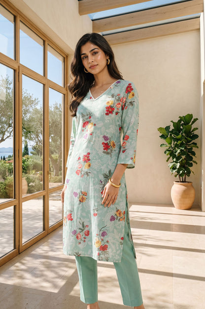 Sea Green Floral Printed Straight Kurta
