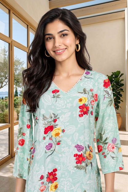 Sea Green Floral Printed Straight Kurta