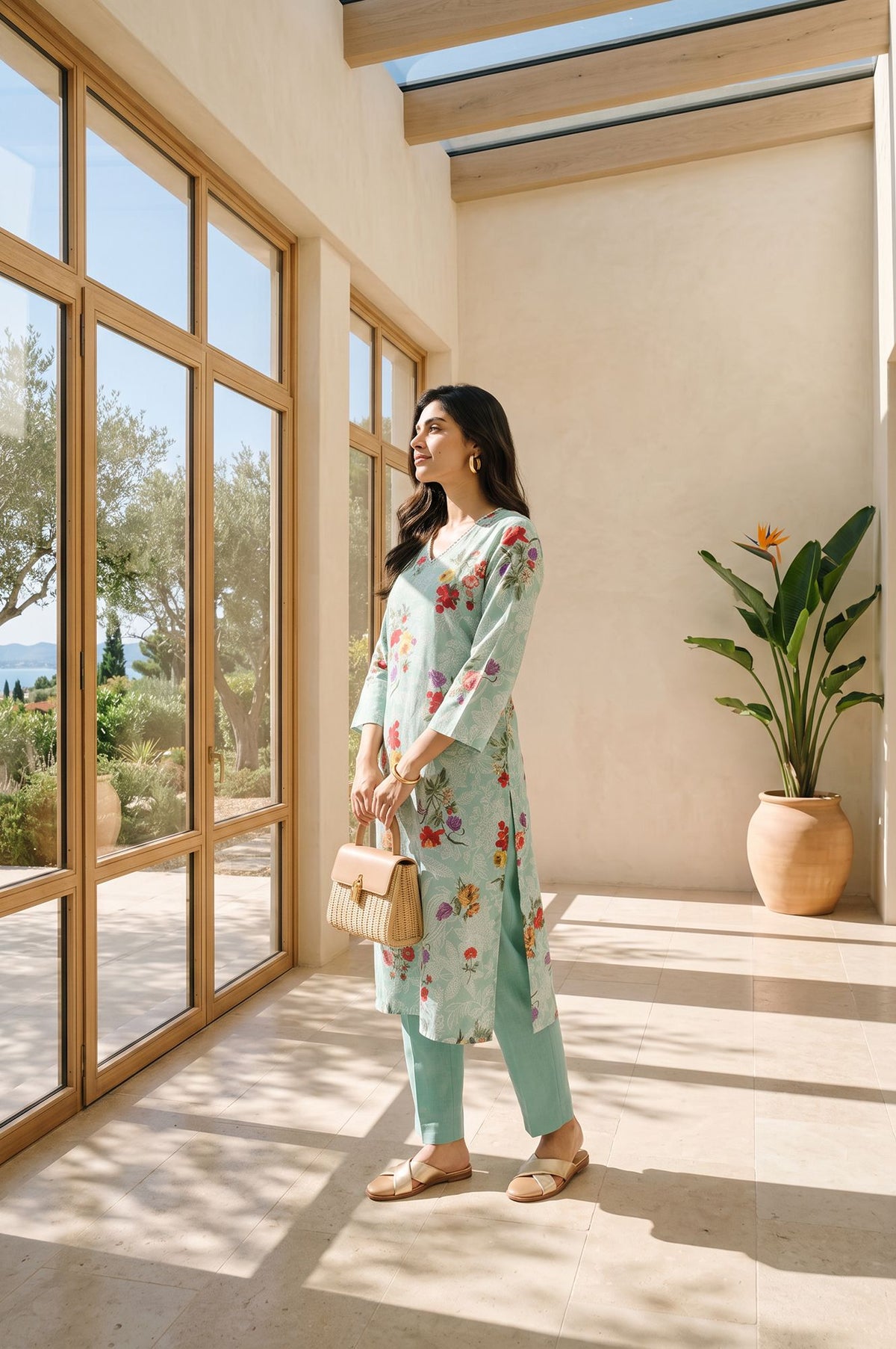Sea Green Floral Printed Straight Kurta