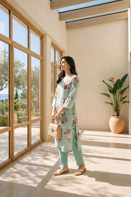 Sea Green Floral Printed Straight Kurta