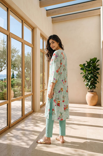 Sea Green Floral Printed Straight Kurta
