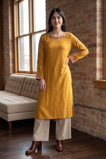 Mustard Embroidered Acrylic Straight Winter Kurta