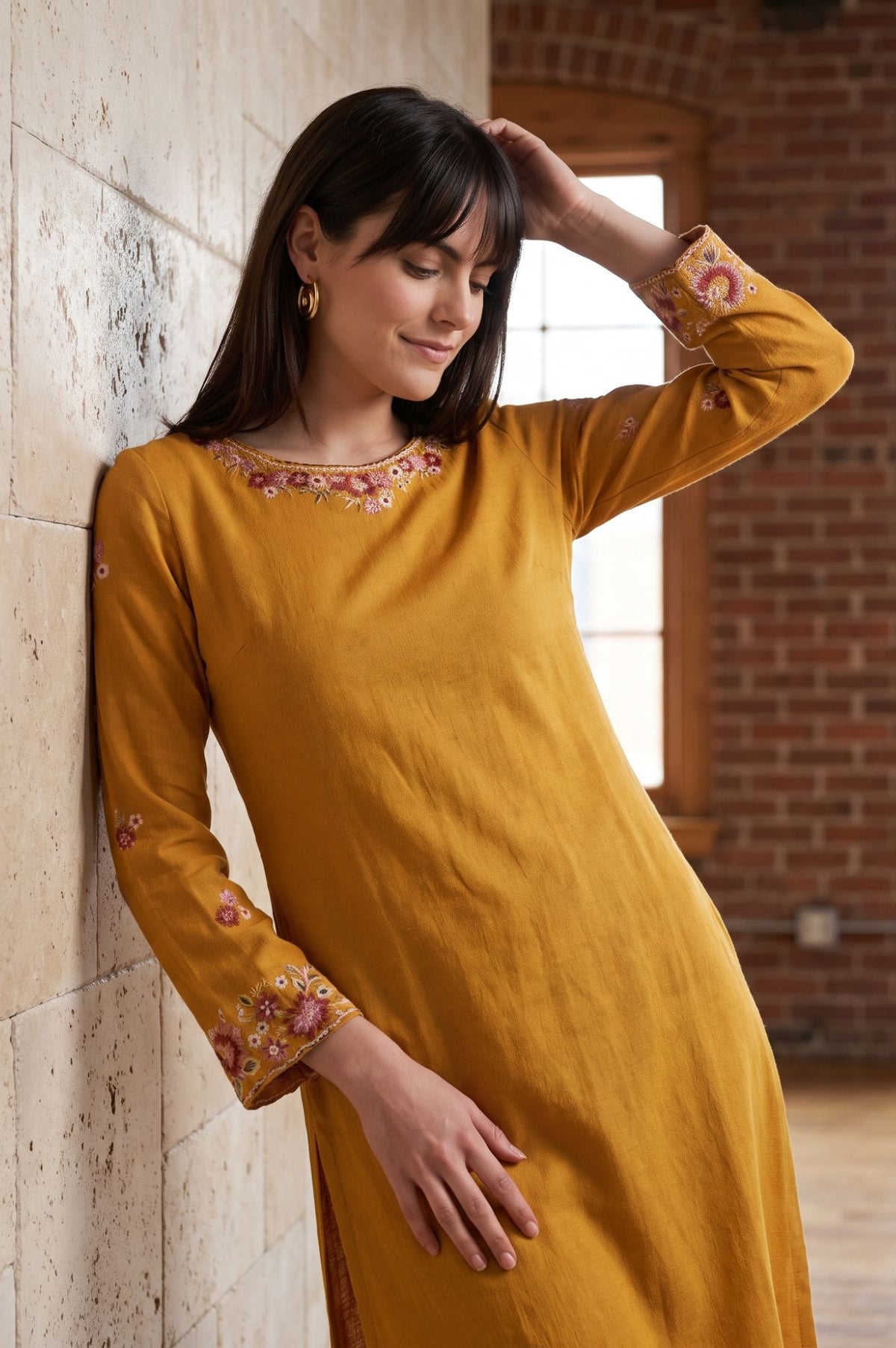 Mustard Embroidered Acrylic Straight Winter Kurta