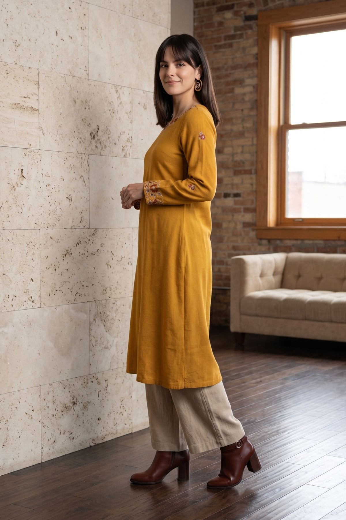 Mustard Embroidered Acrylic Straight Winter Kurta