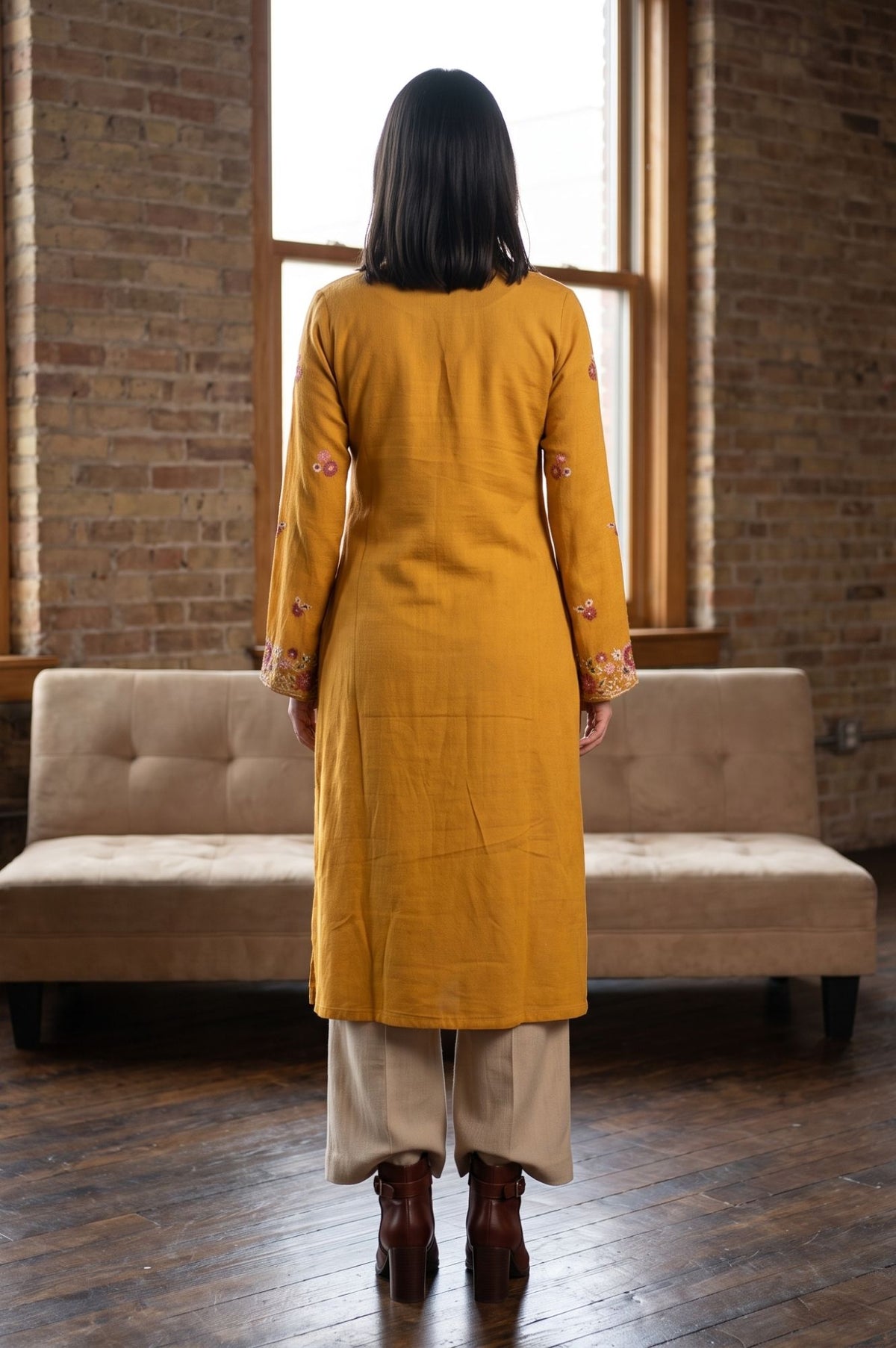 Mustard Embroidered Acrylic Straight Winter Kurta