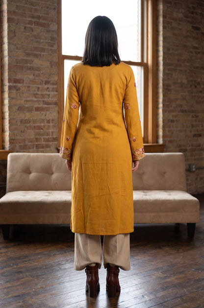 Mustard Embroidered Acrylic Straight Winter Kurta
