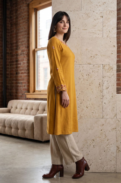 Mustard Embroidered Acrylic Straight Winter Kurta