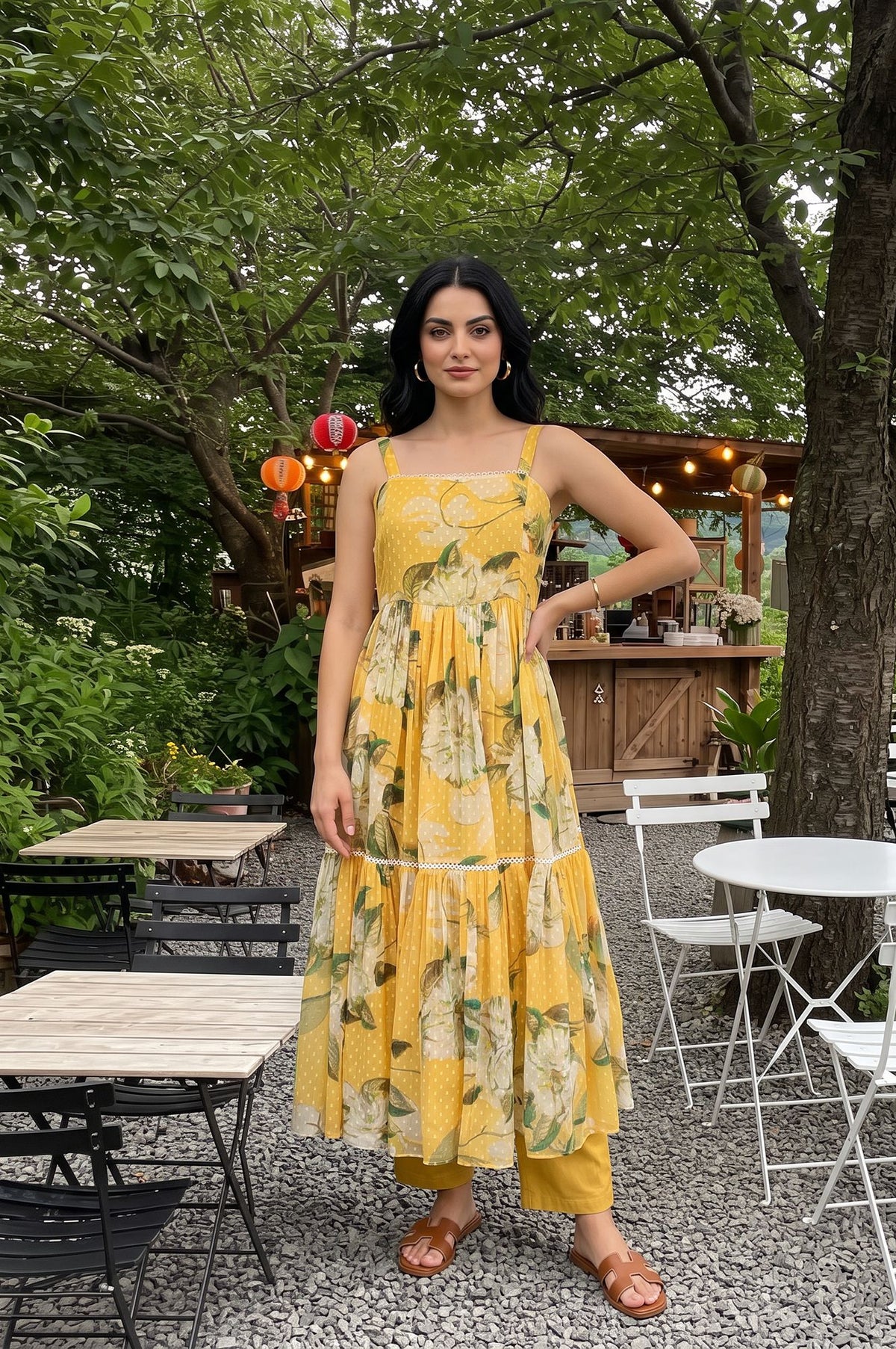 Yellow Floral Printed Sleeveless Flared Kurta