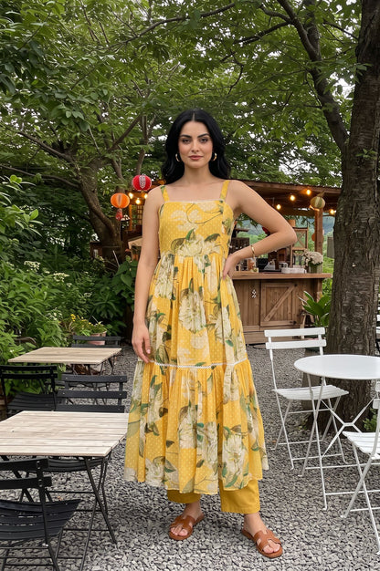 Yellow Floral Printed Sleeveless Flared Kurta