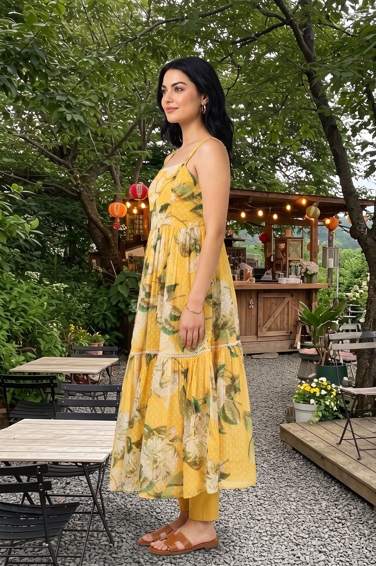 Yellow Floral Printed Sleeveless Flared Kurta