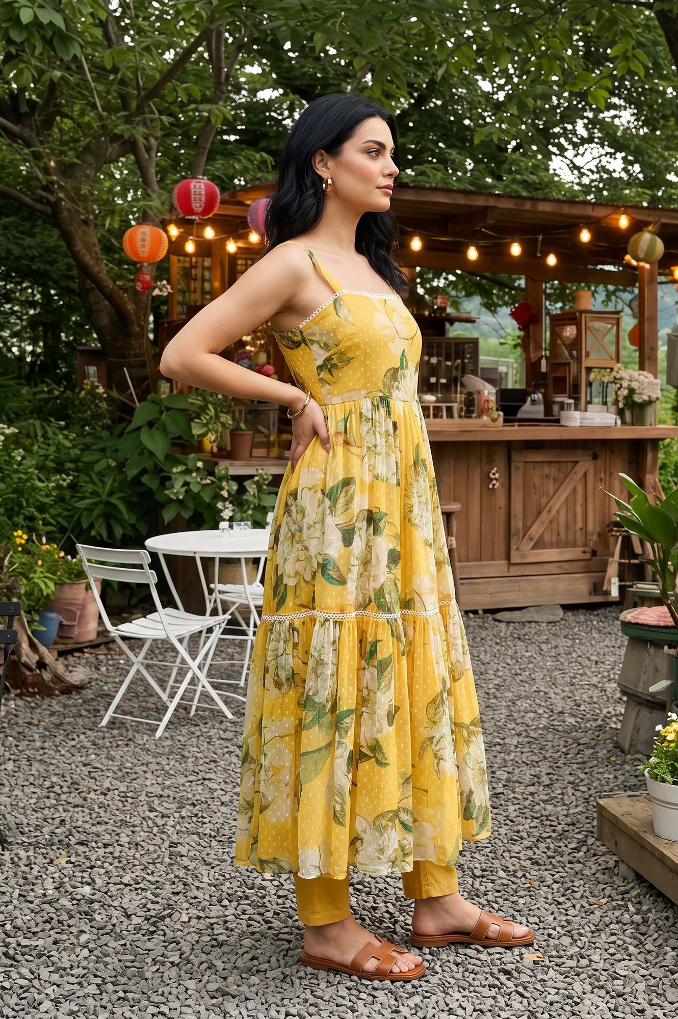 Yellow Floral Printed Sleeveless Flared Kurta