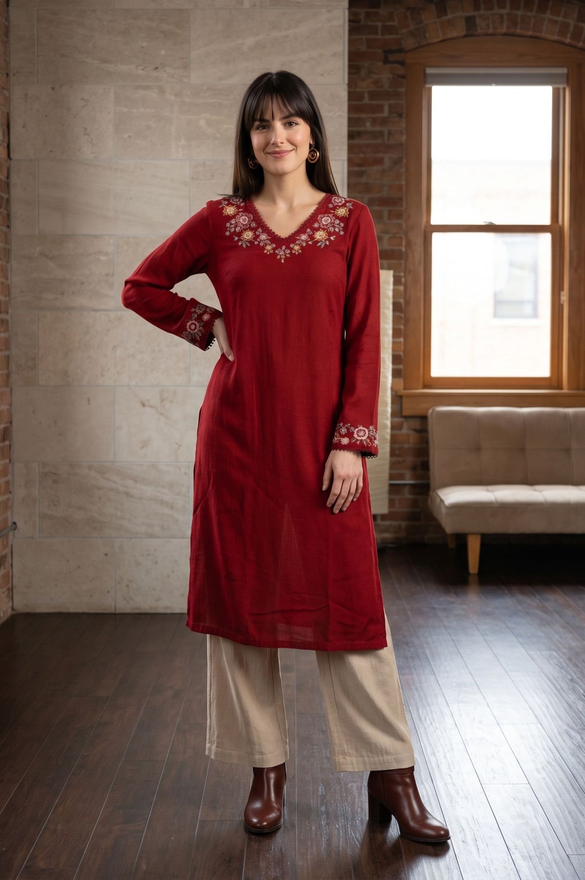 Maroon Embroidered Acrylic Straight Winter Kurta