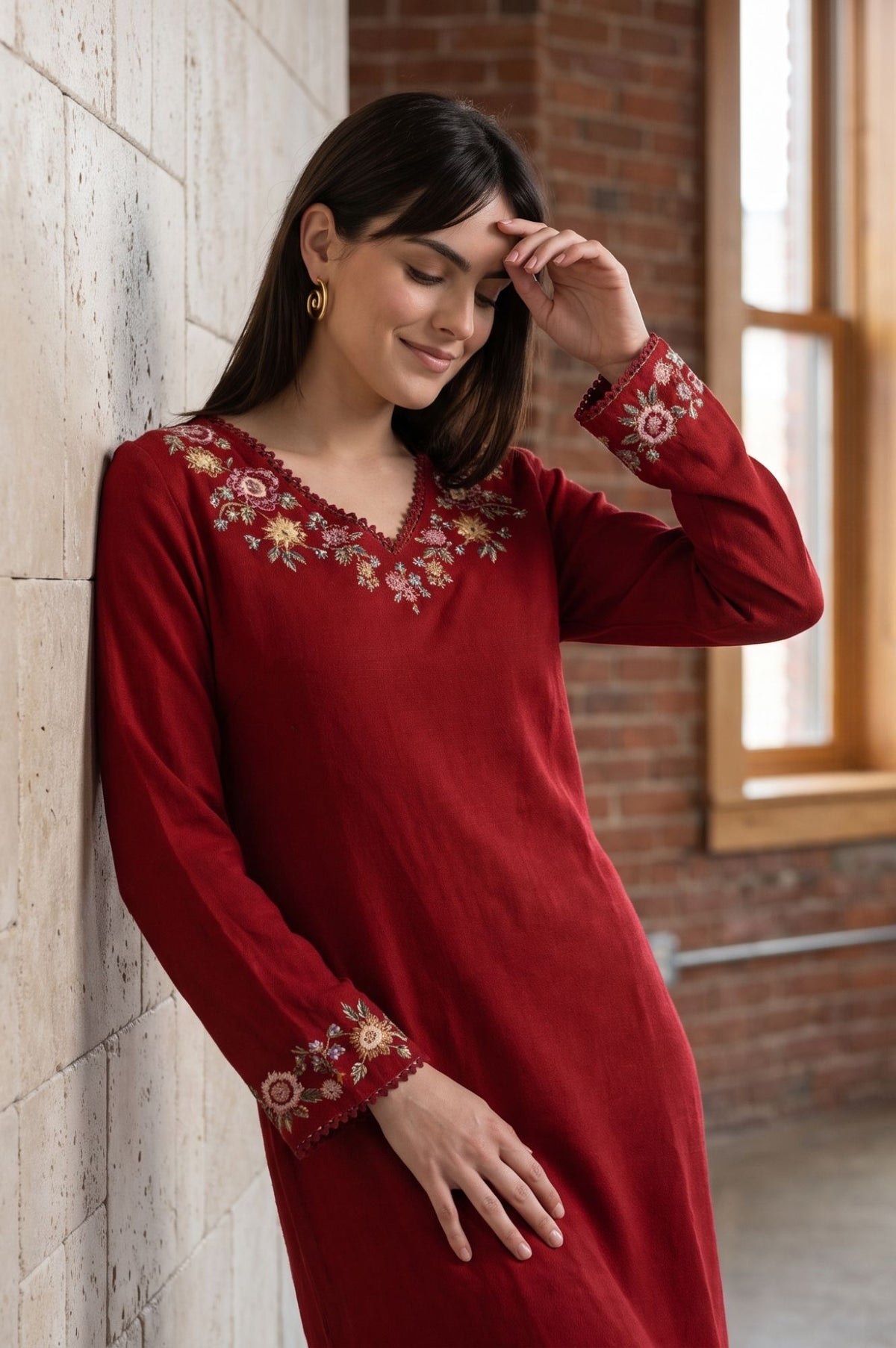 Maroon Embroidered Acrylic Straight Winter Kurta