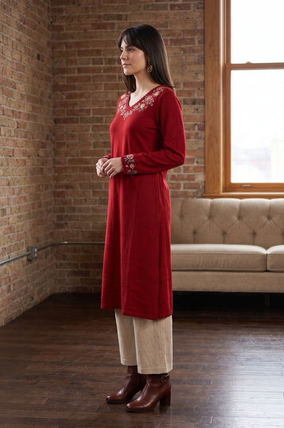 Maroon Embroidered Acrylic Straight Winter Kurta