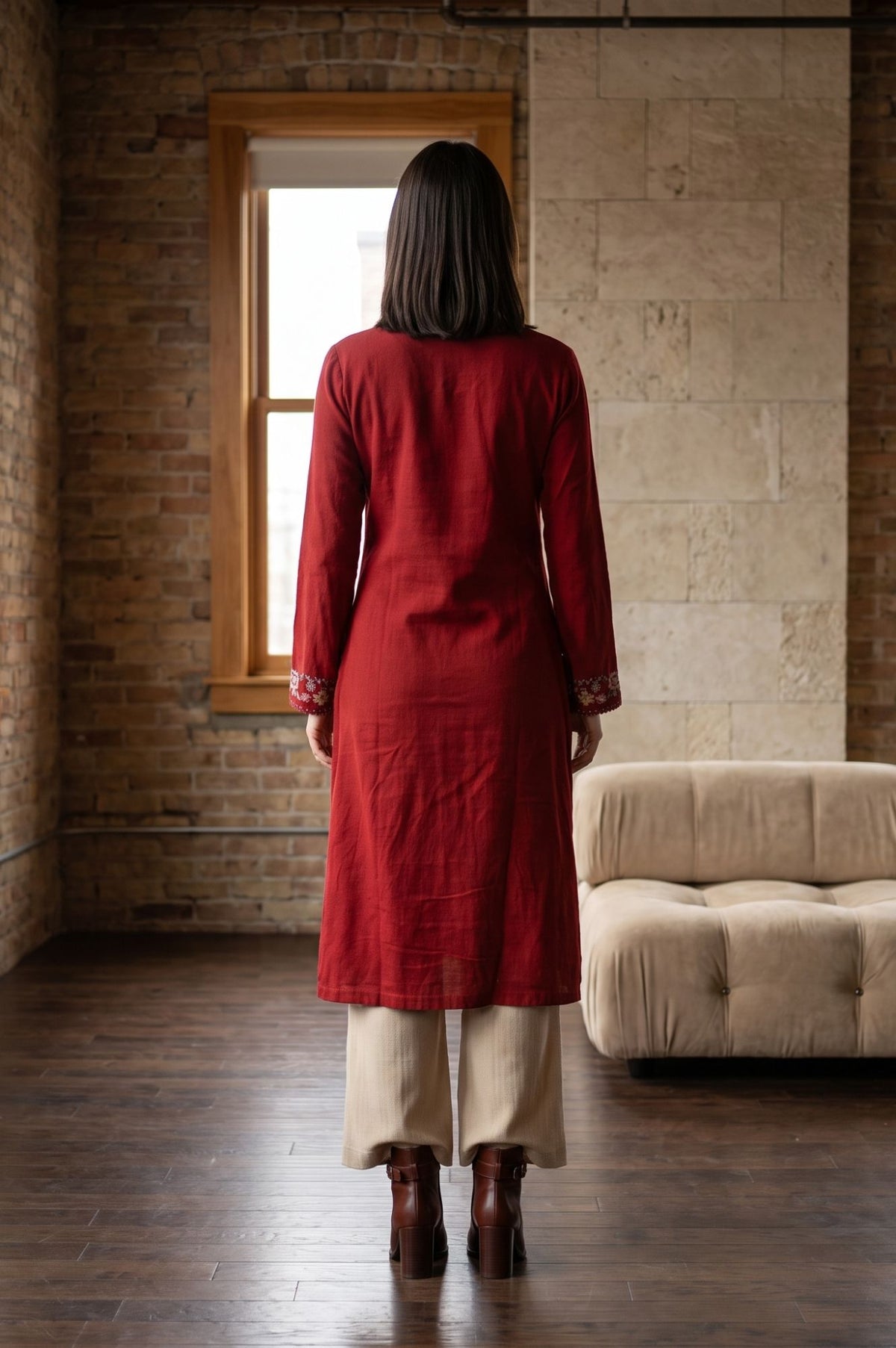 Maroon Embroidered Acrylic Straight Winter Kurta