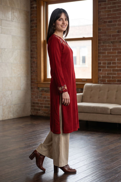 Maroon Embroidered Acrylic Straight Winter Kurta