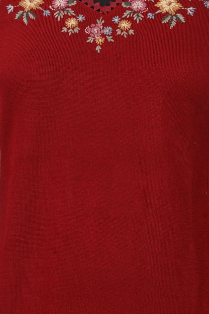 Maroon Embroidered Acrylic Straight Winter Kurta