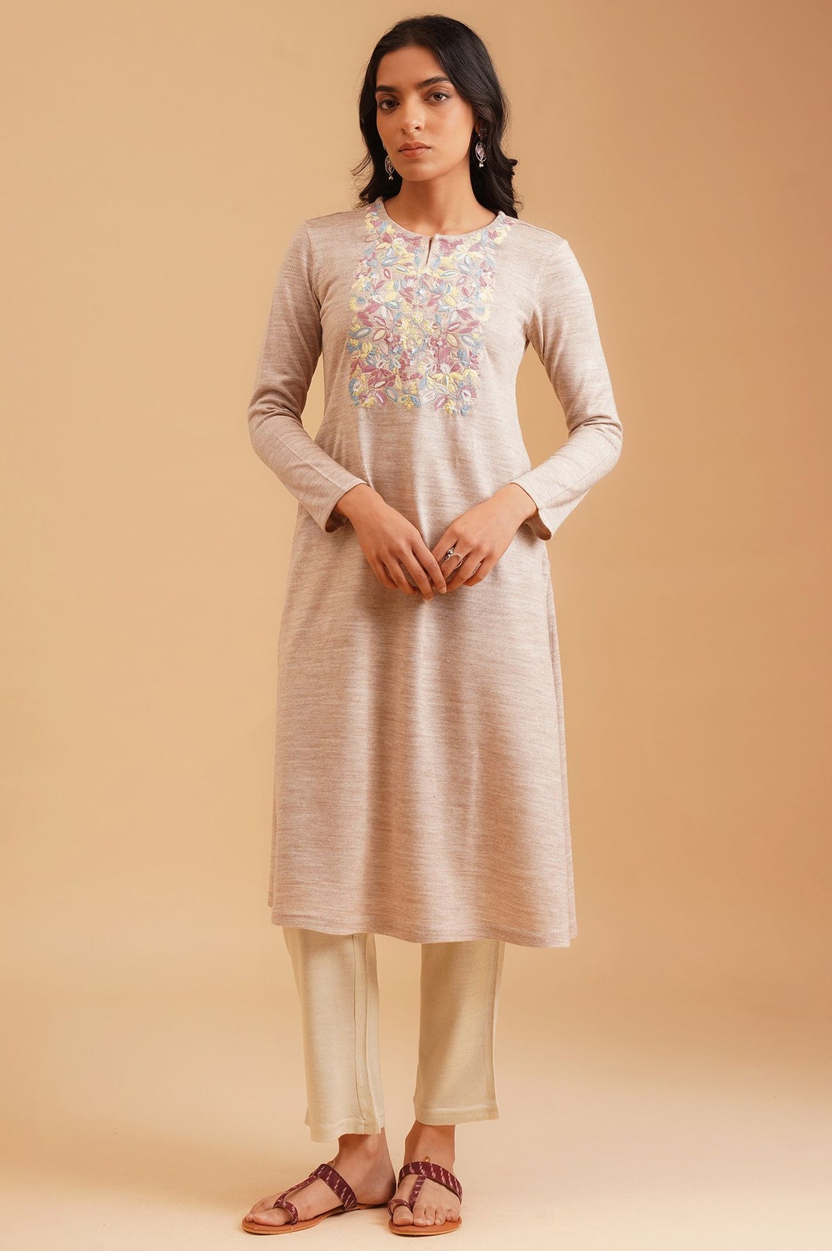 Beige Embroidered Acrylic Straight Winter Kurta