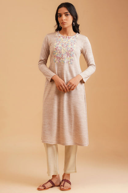 Beige Embroidered Acrylic Straight Winter Kurta