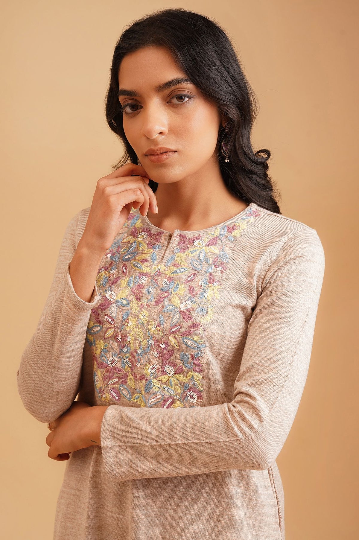 Beige Embroidered Acrylic Straight Winter Kurta