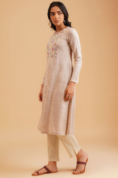 Beige Embroidered Acrylic Straight Winter Kurta