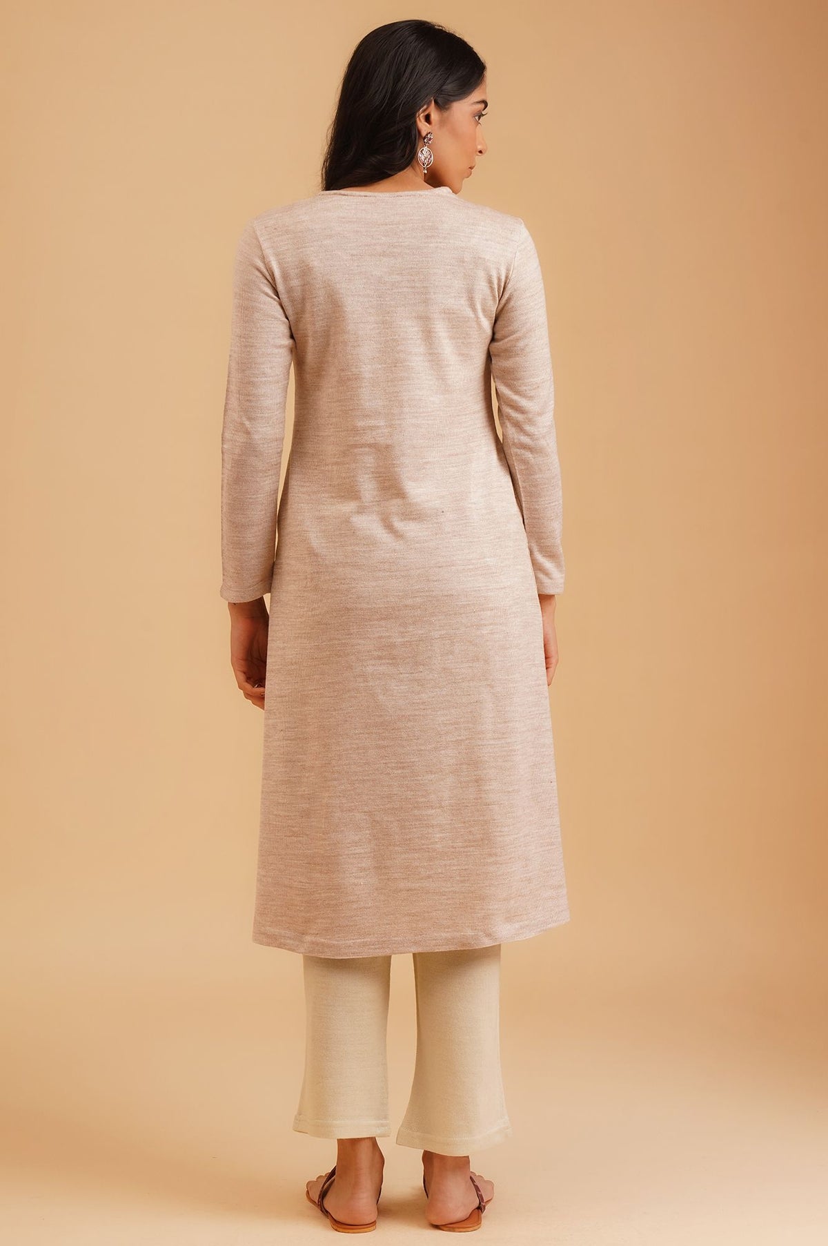 Beige Embroidered Acrylic Straight Winter Kurta