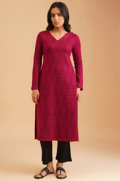 Magenta Yarn Dyed Acrylic Jacquard Straight Winter Kurta