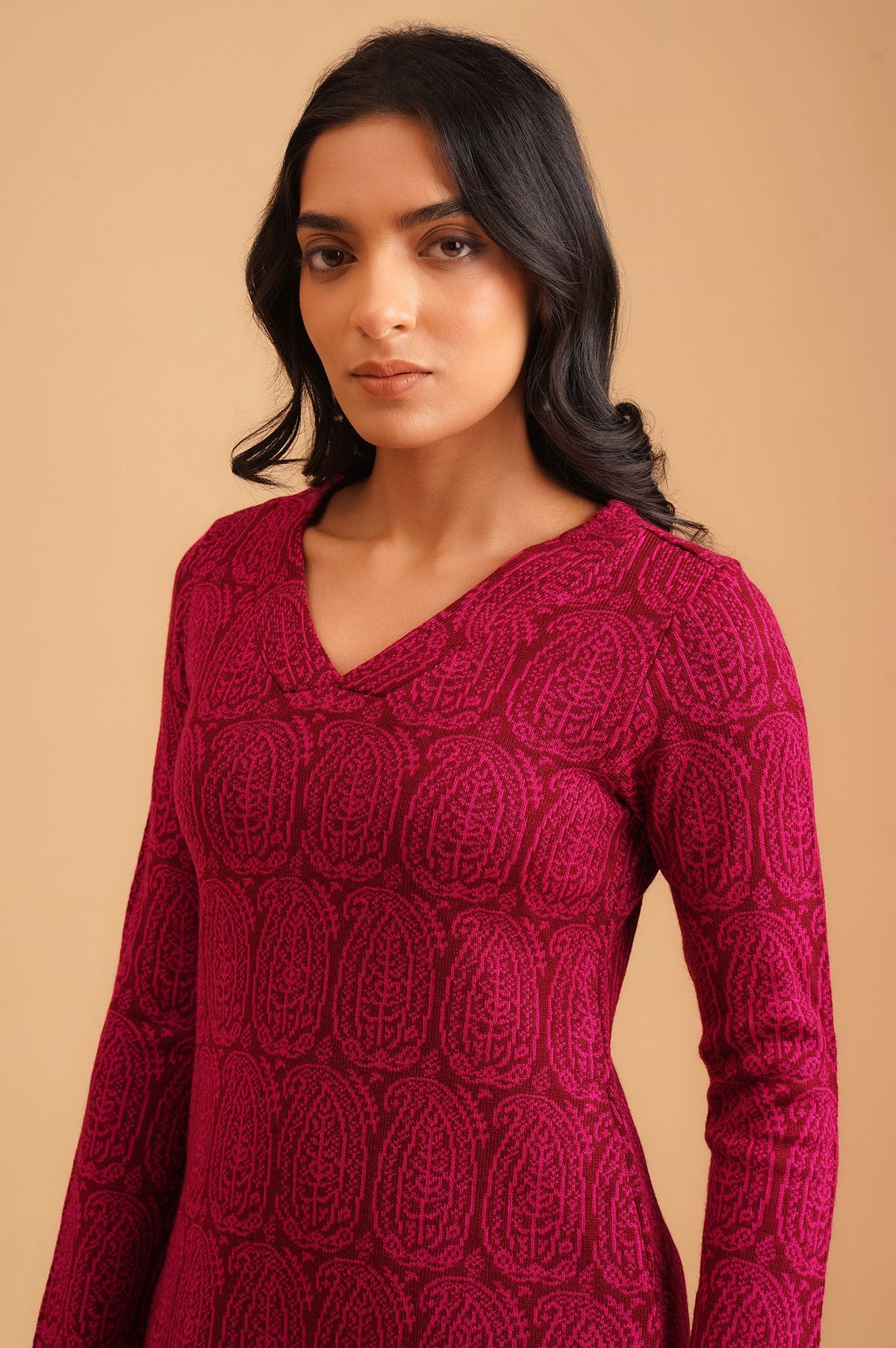 Magenta Yarn Dyed Acrylic Jacquard Straight Winter Kurta