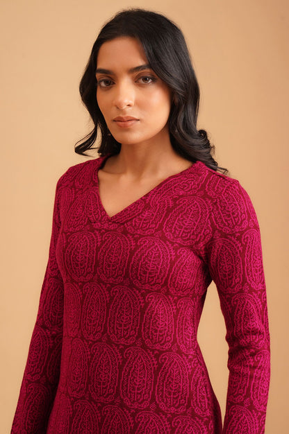 Magenta Yarn Dyed Acrylic Jacquard Straight Winter Kurta