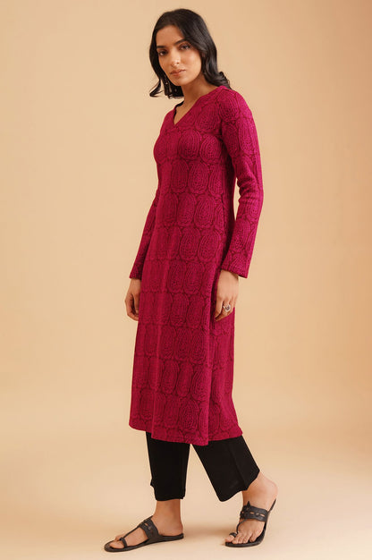 Magenta Yarn Dyed Acrylic Jacquard Straight Winter Kurta