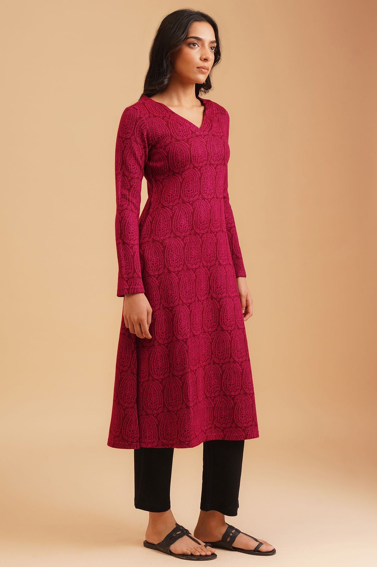 Magenta Yarn Dyed Acrylic Jacquard Straight Winter Kurta