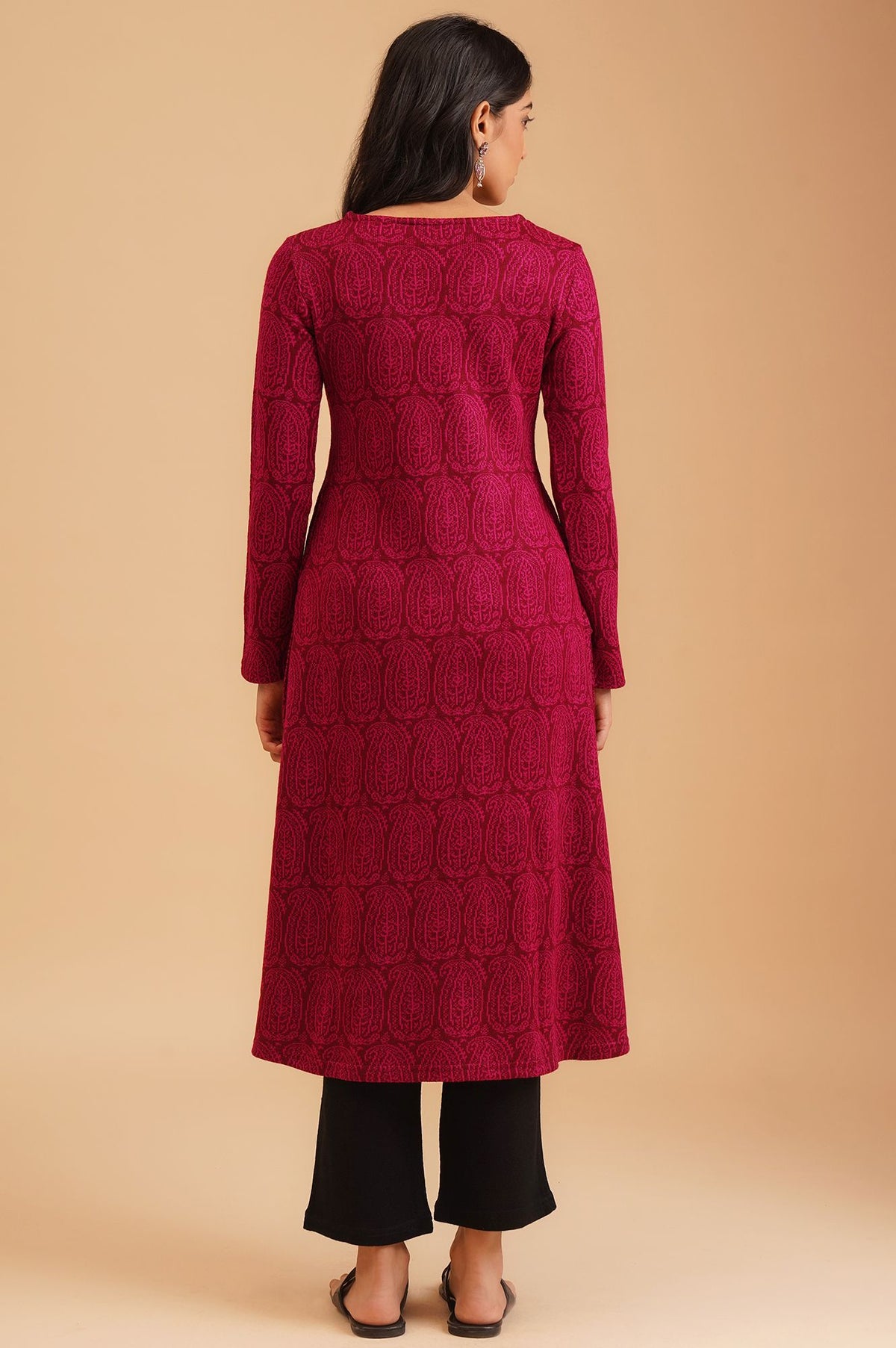 Magenta Yarn Dyed Acrylic Jacquard Straight Winter Kurta