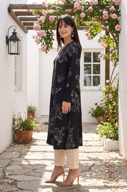 Black Floral Printed Sequin Jacquard Straight Winter Kurta