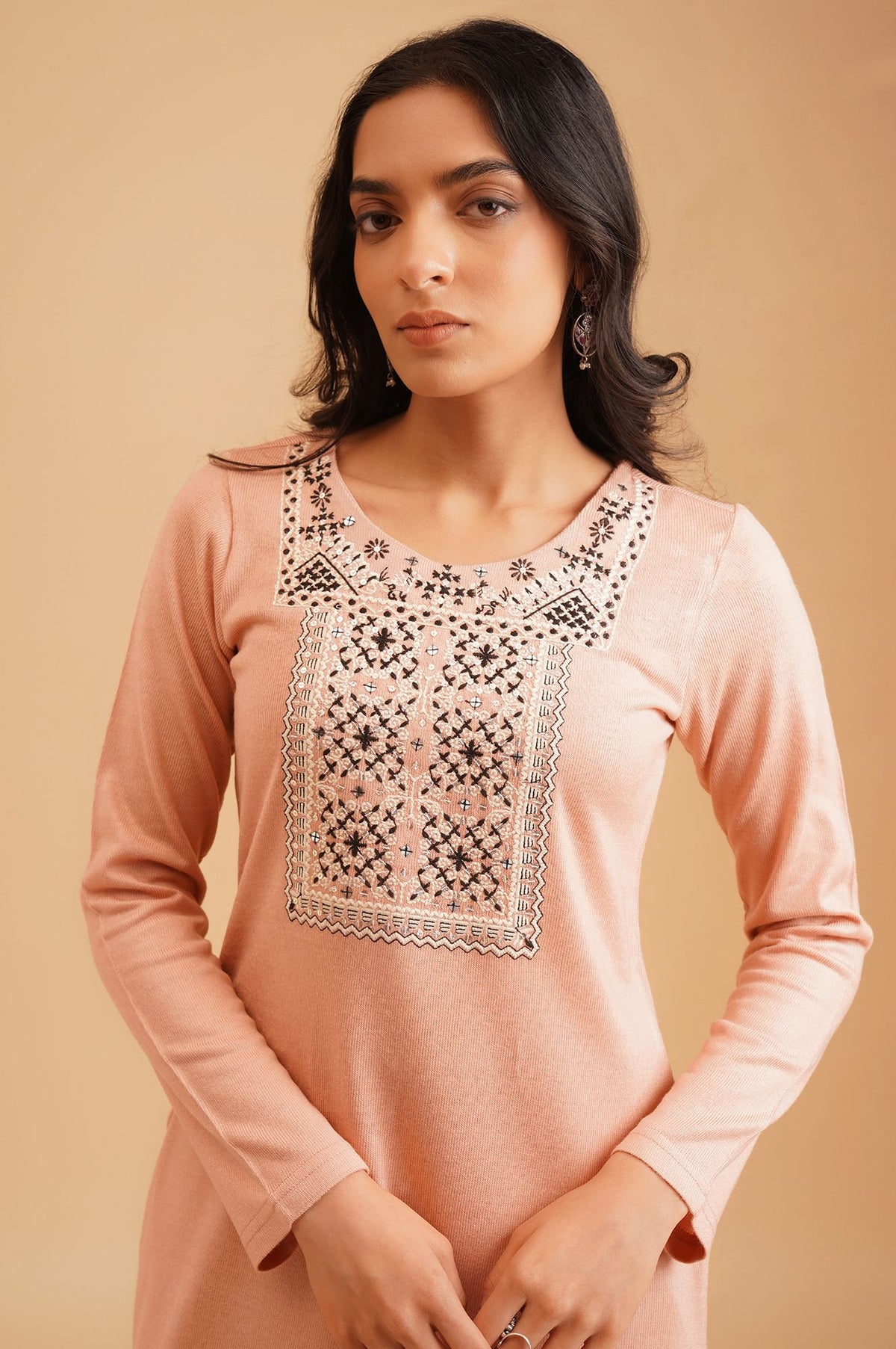 Peach Embroidered Acrylic Straight Winter Kurta