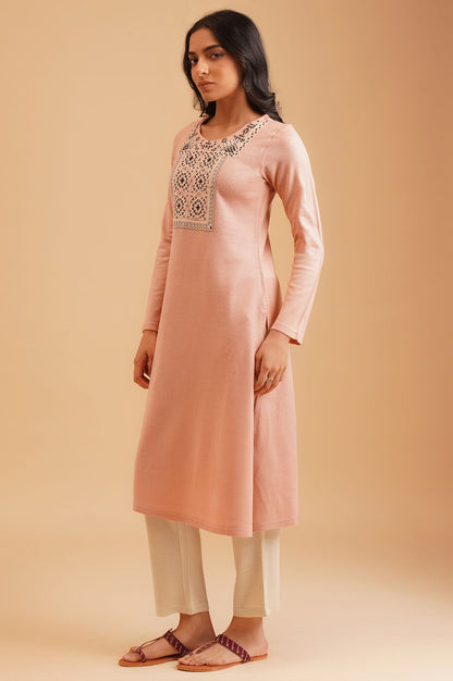 Peach Embroidered Acrylic Straight Winter Kurta