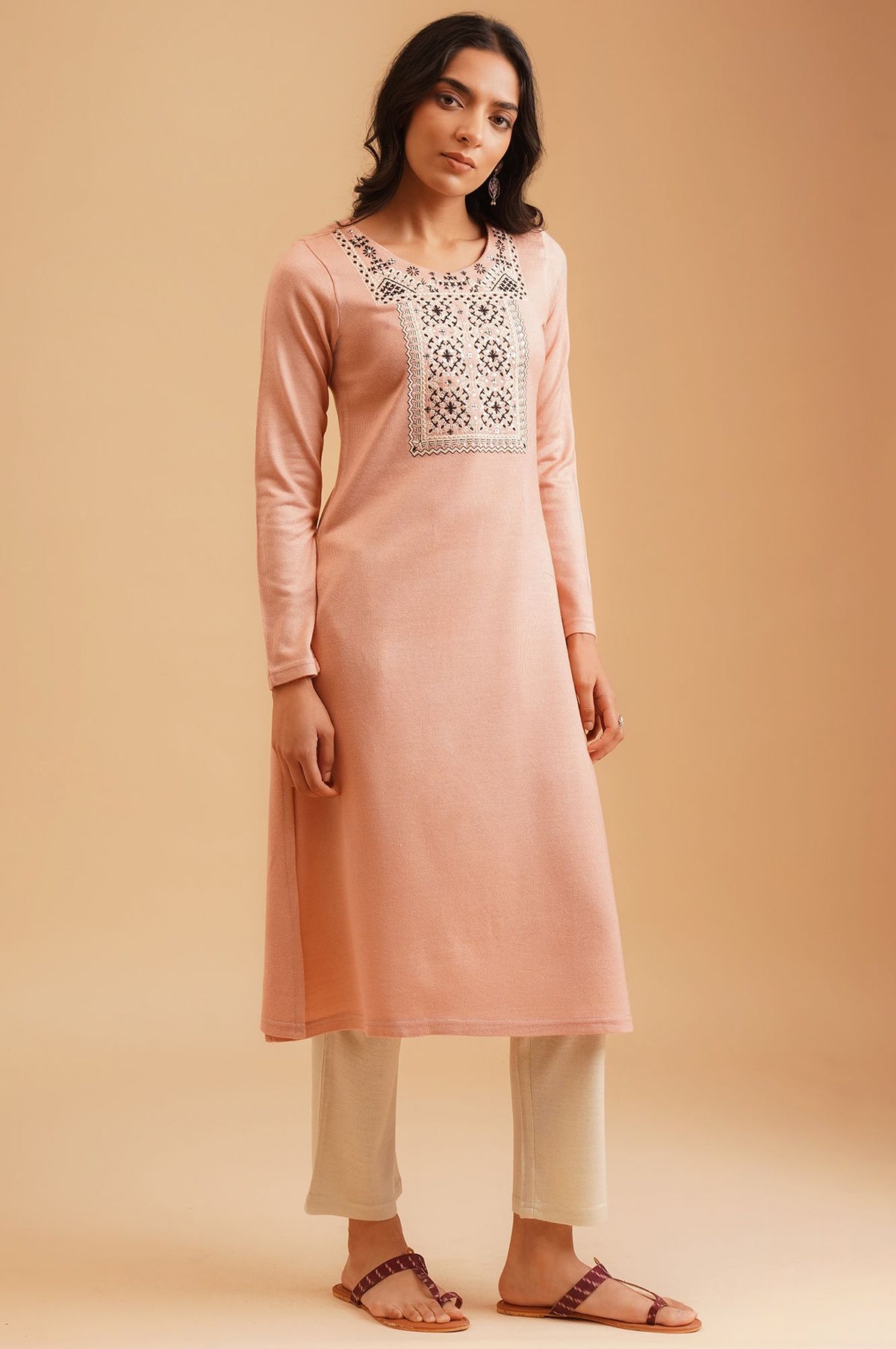 Peach Embroidered Acrylic Straight Winter Kurta
