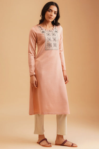 Peach Embroidered Acrylic Straight Winter Kurta
