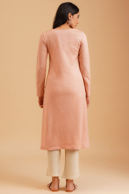 Peach Embroidered Acrylic Straight Winter Kurta