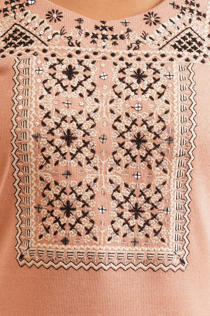 Peach Embroidered Acrylic Straight Winter Kurta
