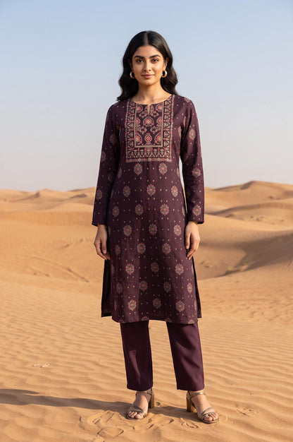 Purple Ethnic Motifs Yarn Dyed Acrylic Jacquard Straight Winter Kurta