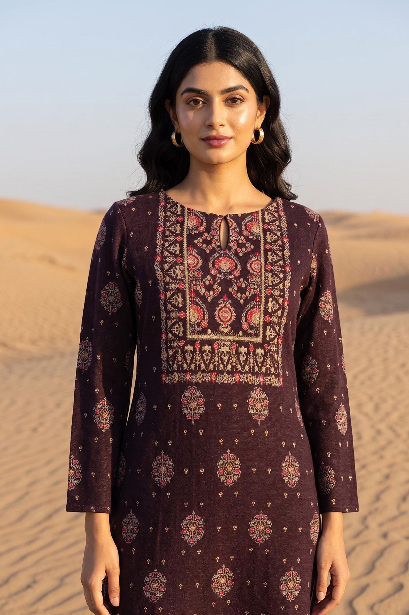 Purple Ethnic Motifs Yarn Dyed Acrylic Jacquard Straight Winter Kurta