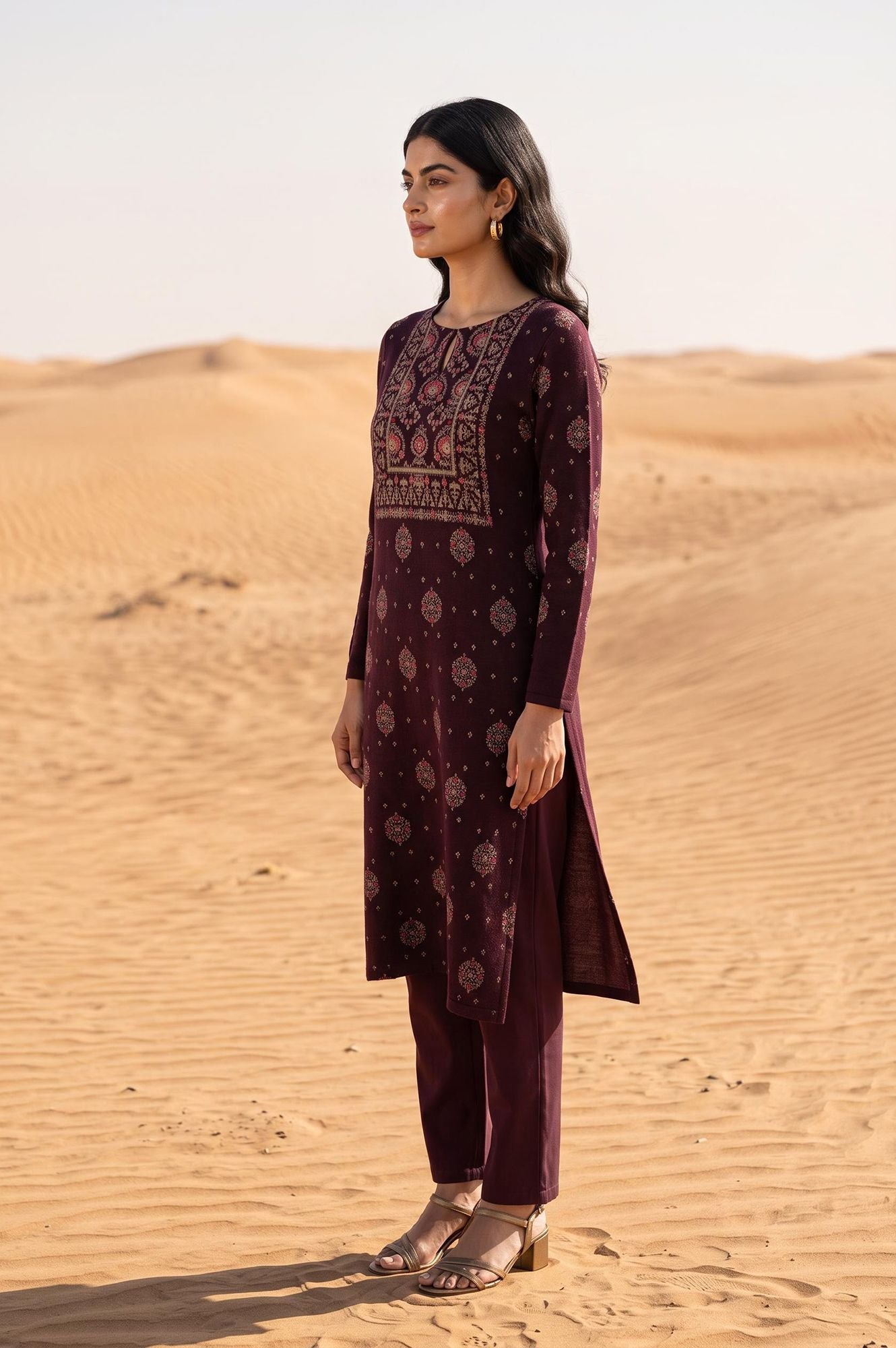 Purple Ethnic Motifs Yarn Dyed Acrylic Jacquard Straight Winter Kurta