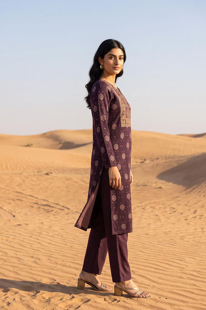 Purple Ethnic Motifs Yarn Dyed Acrylic Jacquard Straight Winter Kurta