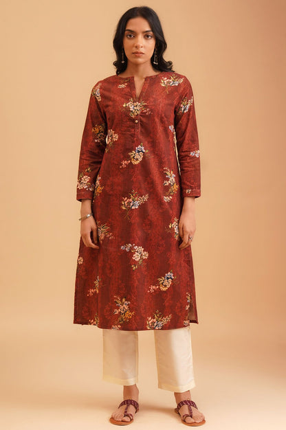 Maroon Floral Printed Pure Cotton Straight Winter Kurta