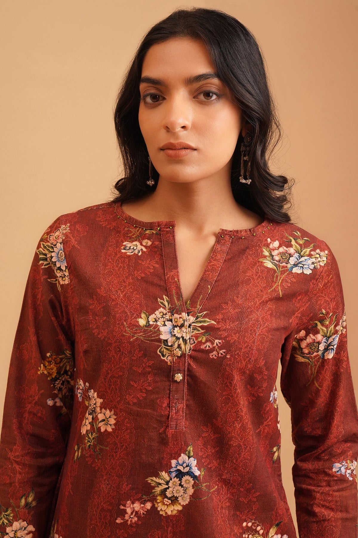 Maroon Floral Printed Pure Cotton Straight Winter Kurta