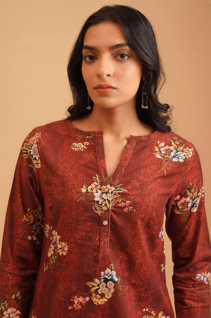 Maroon Floral Printed Pure Cotton Straight Winter Kurta