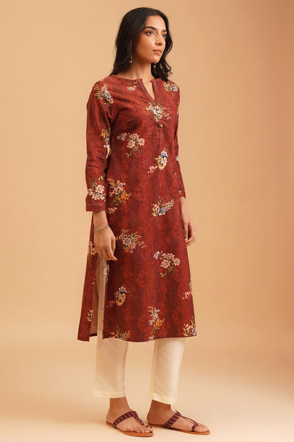 Maroon Floral Printed Pure Cotton Straight Winter Kurta