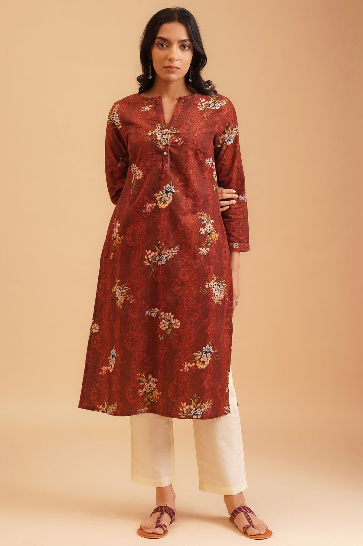 Maroon Floral Printed Pure Cotton Straight Winter Kurta