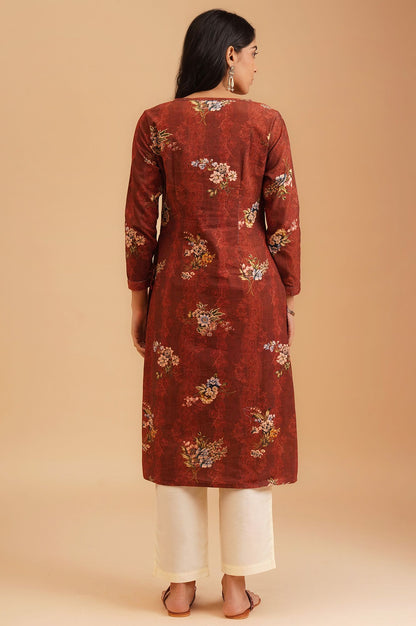 Maroon Floral Printed Pure Cotton Straight Winter Kurta