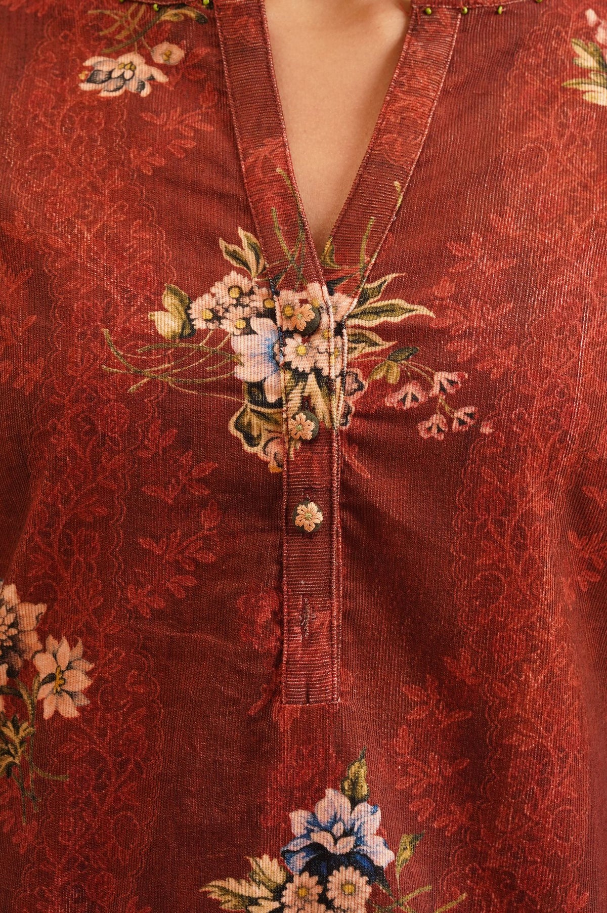 Maroon Floral Printed Pure Cotton Straight Winter Kurta